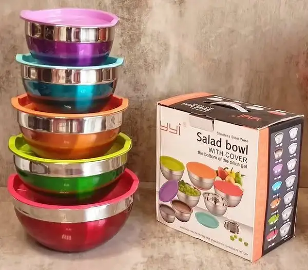 کاسه استیل 5 تکه درب دار رنگی برند YYI